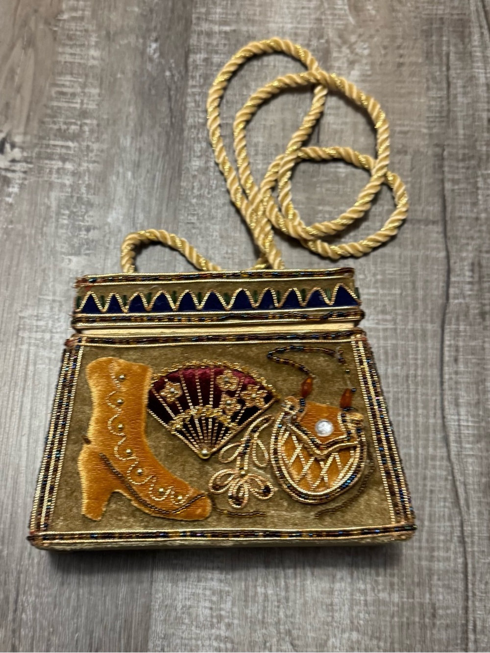 Embellished Gold Velvet Evening Bag with Rope Strap